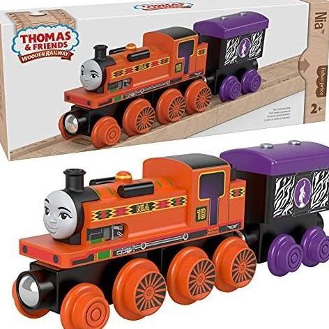 Thomas & Friends Wooden Railway, Nia Engine and Coal Car, push-along train made from sustainably