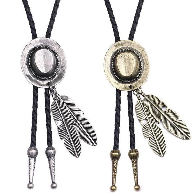 Bolo Tie Dasi Koboi Feather Hat Kalung Kulit Asli Cowboy Topi dan Bulu Men Vintage