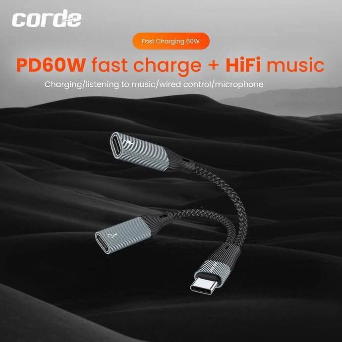 READY CORDE Type C Audio Splitter & 60W Charger: Dual Type C CSA103