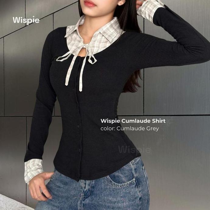 Wispie Cumlaude Top | Atasan Kemeja Kaos Wanita Kotak Gingham Rib Hitam