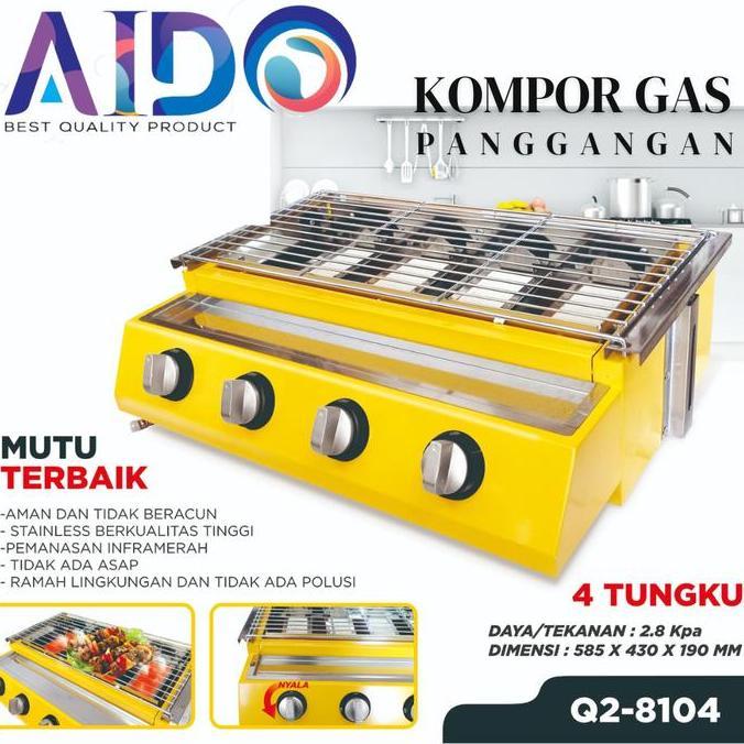 NEW AIDO Kompor Sosis Sate Bakar 4 Tungku BBQ Grill Alat Pemanggang Daging Stainless Q2-8104 Panggan