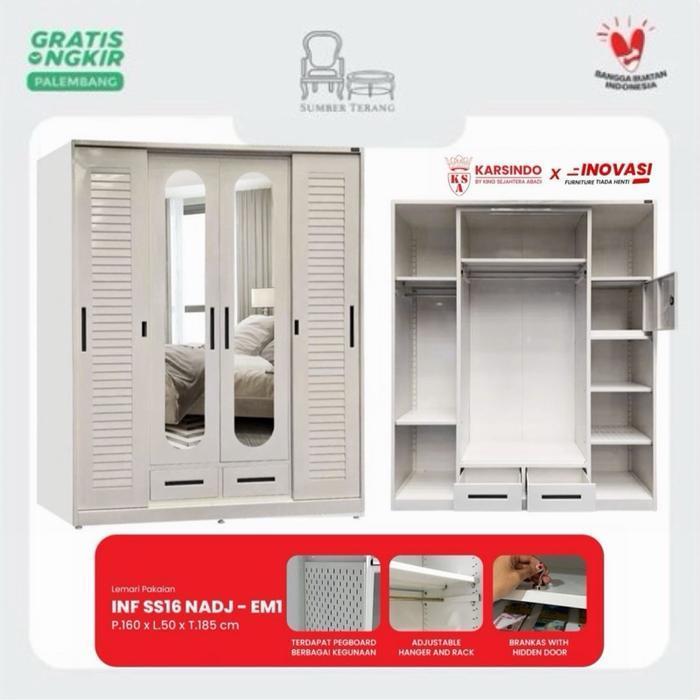 Karsindo Lemari Pakaian Plat Besi 4 pintu Sliding Swing INF SS16 NADJ Lemari Baju Plat Besi 4 pintu 