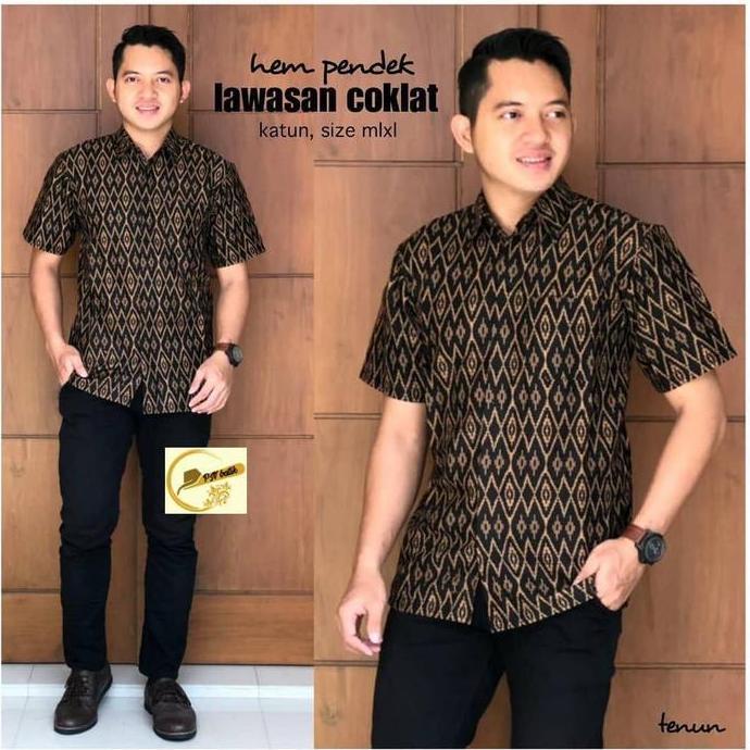 Kemeja Batik Pria Lengan Pendek Motif Songket Lawasan Coklat JS