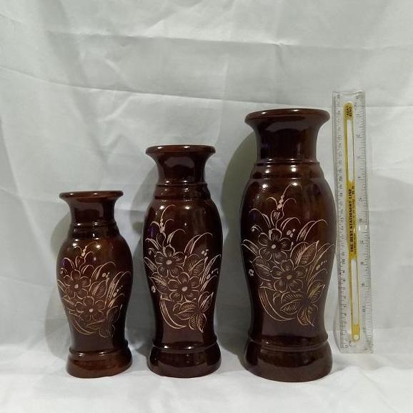 Pot / Vas Bunga Bahan Kayu Jati Model Guci Warna Natural Gloss Motif Ukiran Dijual Bijian Packing Bu