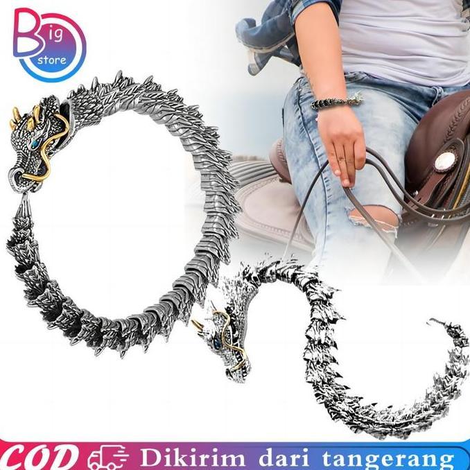 DISSORDE Gelang Rantai Kepala Naga 20cm Punk Retro Gelang Pria Naga Gelang Rantai Tangan Naga Pria G