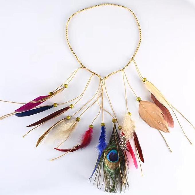 FKINAPE Hiasan Kepala Bulu Indian Headband Bohemian Hiasan Kepala Bulu  Ikat Kepala Bulu