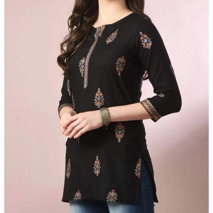 Laqueens RJP short kurti black ethnic India original motif print dewasa wanita remaja cewek pendek B