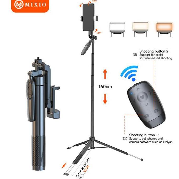 MIXIO A66 - 160CM Tongsis Bluetooth Selfie Stick Tripod with LED Light