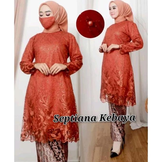 set kebaya couple  warna terakota - baju batik couple merah bata - couple kebaya dan batik bata - ke