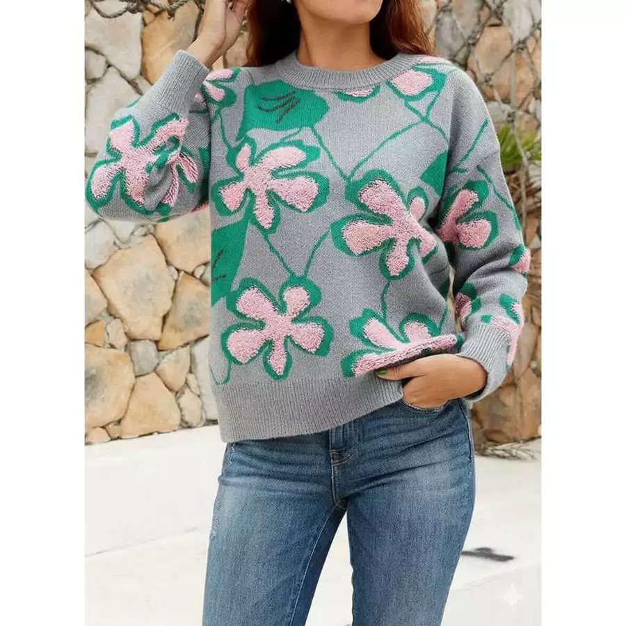 Crewneck Sweater Rajut Wanita Premium motif Hibicus Mawar Stylish dan Modis