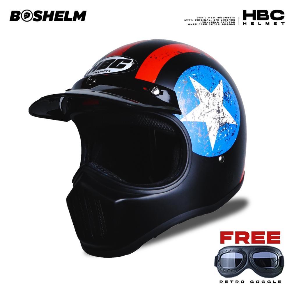 BOSHELM Helm Cakil HBC CAPTAIN AMERICA BLACK Helm Retro Full Face SNI