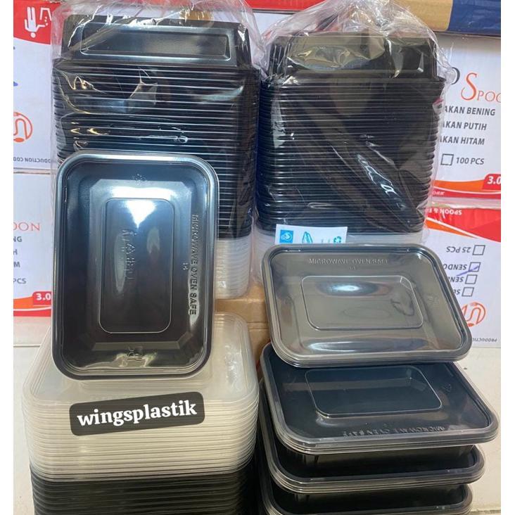 Thinwall Rect Hitam 500Ml & 750Ml & 1000Ml + Tutup / Thinwall Persegi Panjang (Isi 25 Pcs)