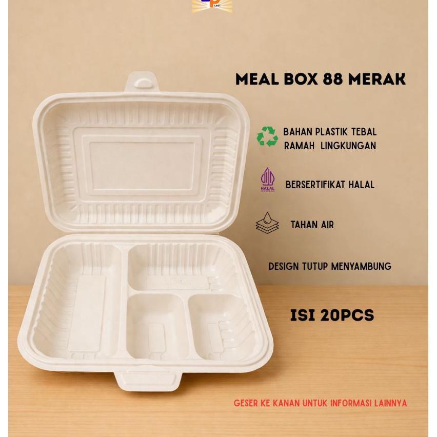 Meal Box Sekat 4 Box88 Merak / Mika Nasi Sekat 4 Isi 20Pcs Warna Cream