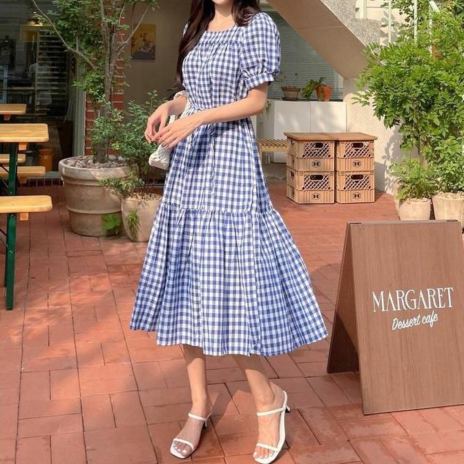 Vintage Midi dress Korea kekinian Dress katun kotak smook dres samola / Casual dress Korean style te