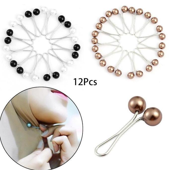 Lansungaja- 12Pcs/Set Tuspin Dagu Hijab Grosir, Klip Jilbab Mutiara Turki Klip Dagu Mutiara