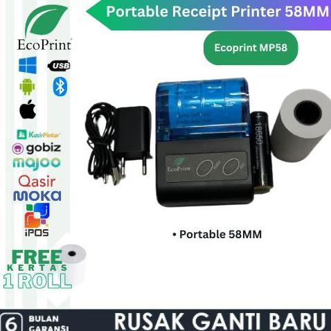 Softrit- Ecoprint Printer Bluetooth Kasir Pos58 [Usb+Bluetooth+Rj11] Printer Kasir Printer  Resi