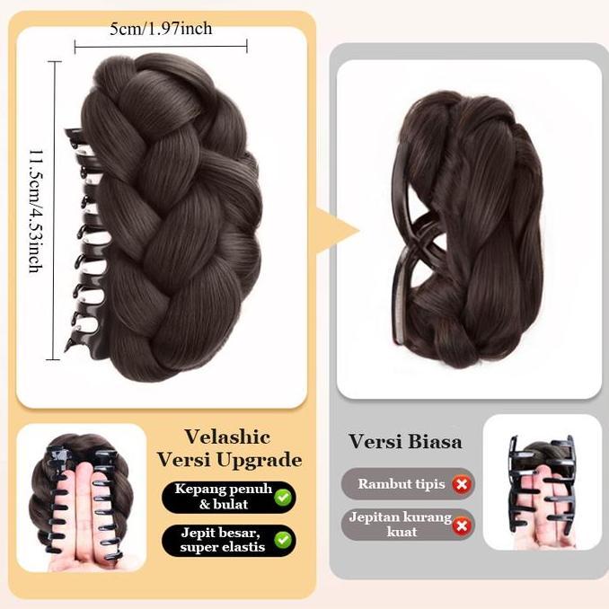 Kind- Velashic  (Karya Asli) Jepit Rambut Palsu Bun Kepang Volume 3X Serat Suhu Tinggi Cepol Bunga E