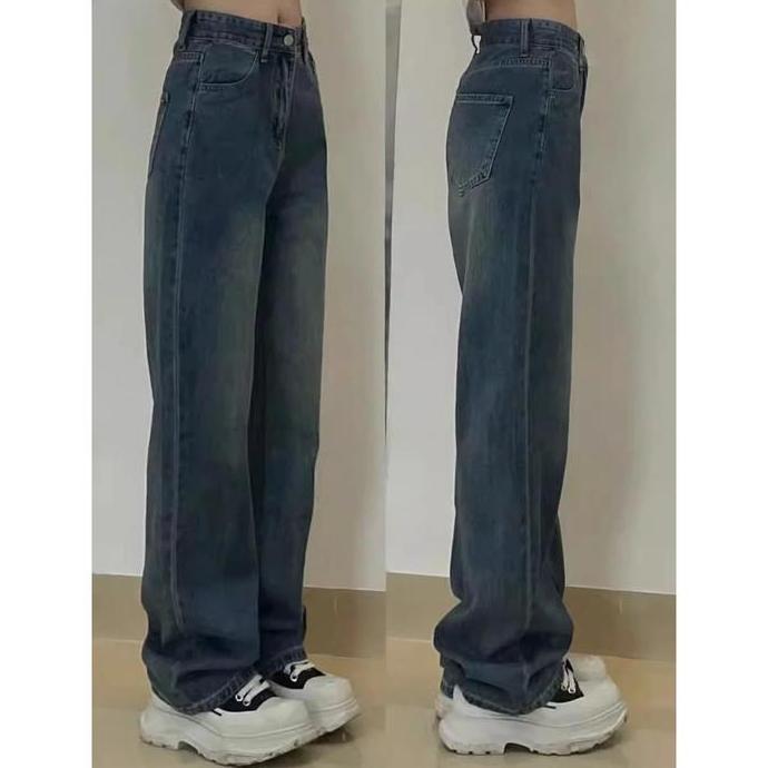 Hose- Biru Retro Celana Jeans Wanita Premium Celana Jeans Lurus Longgar Ala Korea