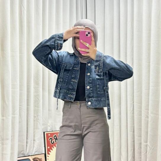promo emweha fuji jaket crop jeans denim oversize cewek pocket variasi tali denim