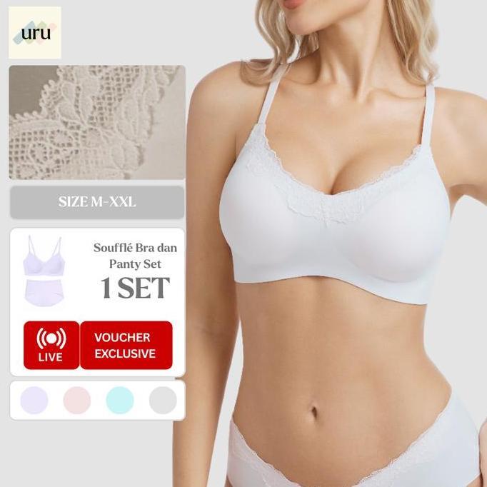 URU [1SET] Souffl Renda Daleman Wanita Set | Elegan Bra Push Up Tanpa Kawat bh CD Seamless