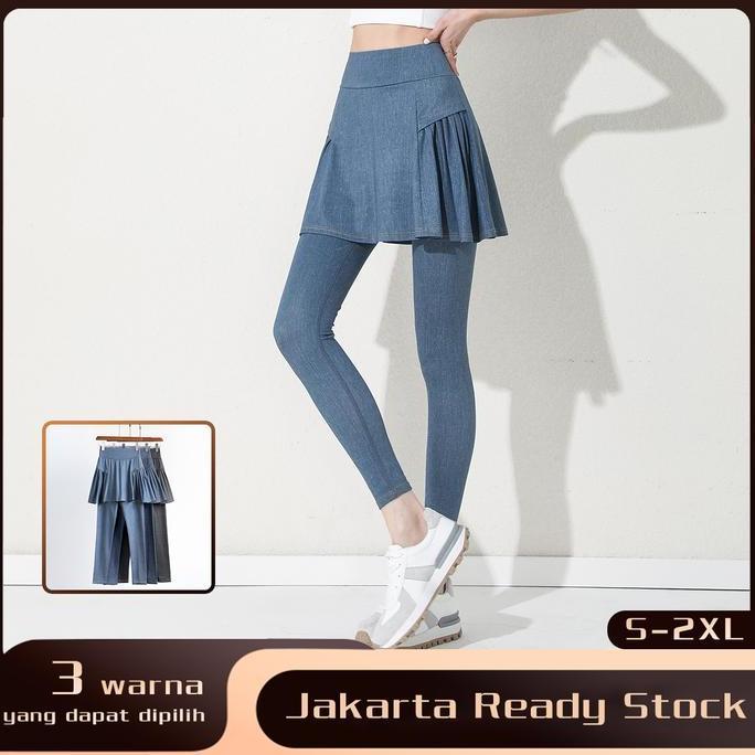 Amanoheartdenim imitasi Celana Rok Wanita 2-in-1 Berkantong upsize Legging hitam olahraga Wanita Rok