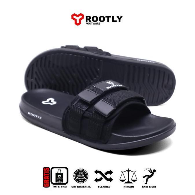 Rootly - Sandal Selop Velcro Pria Webing Terbaru Full Black Shoes Canvas