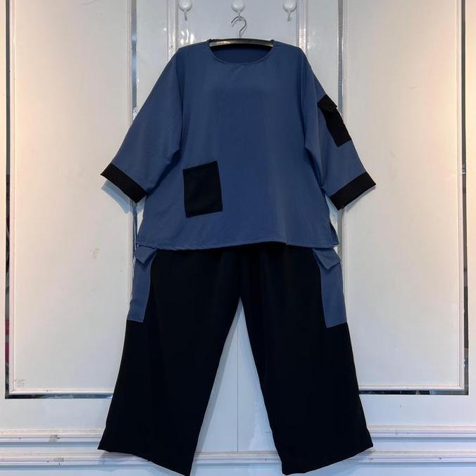 ODESSA ONE SET CARGO LD 130CM | Setelan Celana Saku Kombinasi Wanita Jumbo Dewasa Crinkle Airflow