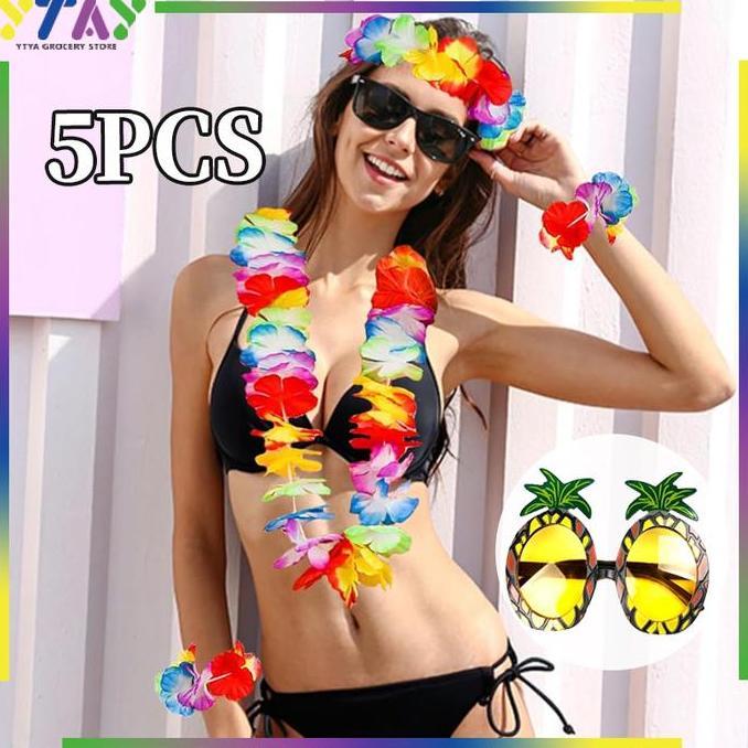 HERBONE 5pcs Kalung Penyambutan/Rok Hawai Rumbai/Kalung Bunga Hawai/Gelang Hawai/Dan Mahkota Hawai