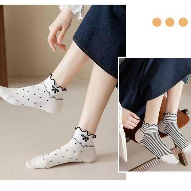 New kaos kaki wanita pendek lucu motif renda pita ruffle pendek tinggi mata kaki dewasa Ankle women 
