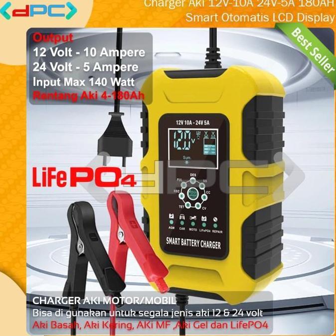 Foxsur Charger Aki 12V-10A 24V-5A 180AH Smart Auto LCD Display