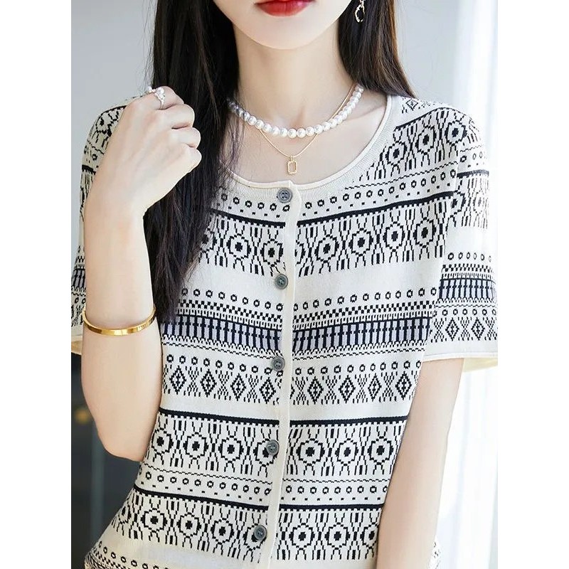 Women's Retro Jacquard Knit Cardigan Short Sleeve Button Down Lightweight Breathable Summer Top