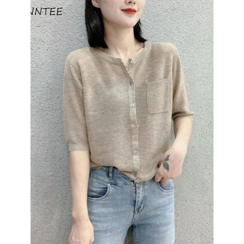 Cardigan Women Solid Thin Summer Short Sleeve All-match Ulzzang Fashion Chic Casual Elegant Female D