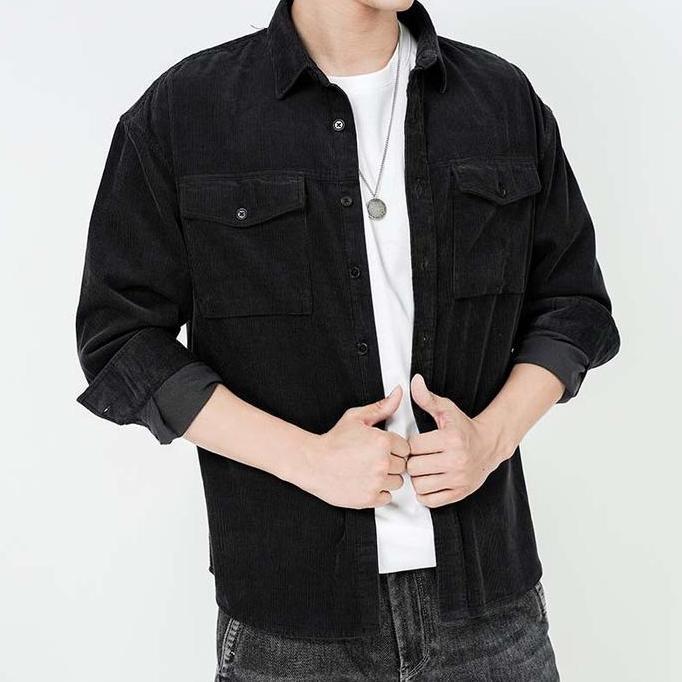 OOTD Kemeja Korduroi Polos Pria unisex Lengan Panjang jaket corduroy pria Kemeja Corduroy Pria korea