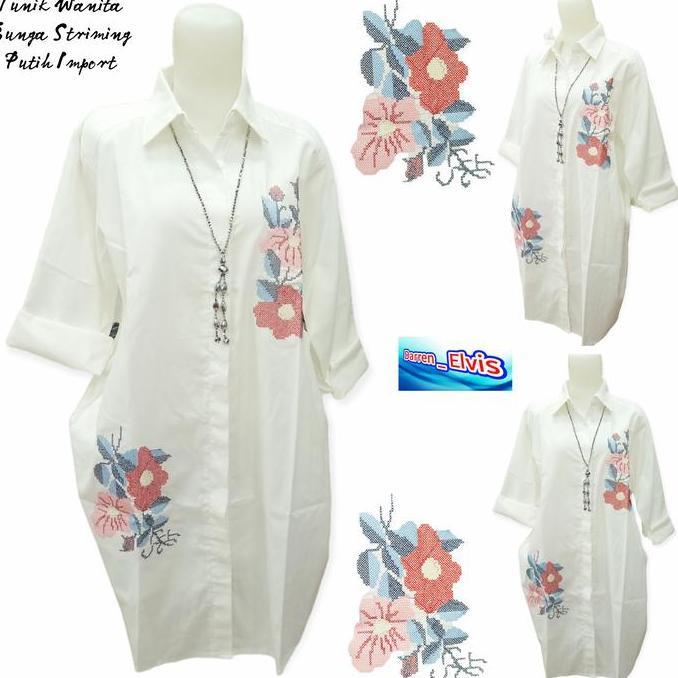 Tunik Putih Wanita Import // Best Seller // Bordir Bunga Striming 001
