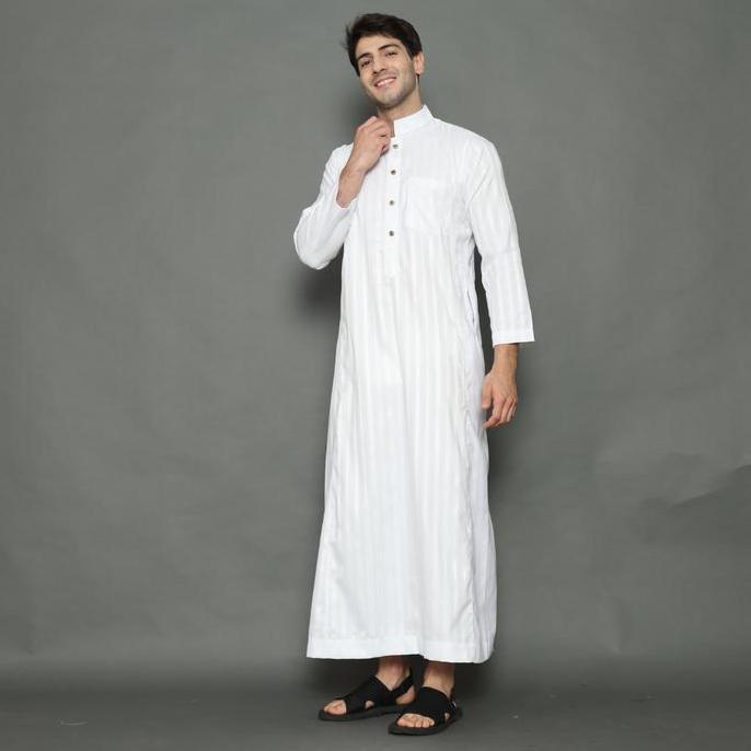 New Rev Jubah Pria Gamis  Katun Muslim Thobe Motif Salur Remaja &  Dewasa
