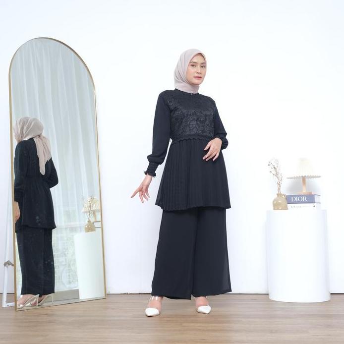Blus KHANSA Plisket Brukat Lengan Panjang Hitam Putih Blus Chiffon Wanita Premium Blus Muslim Brukat