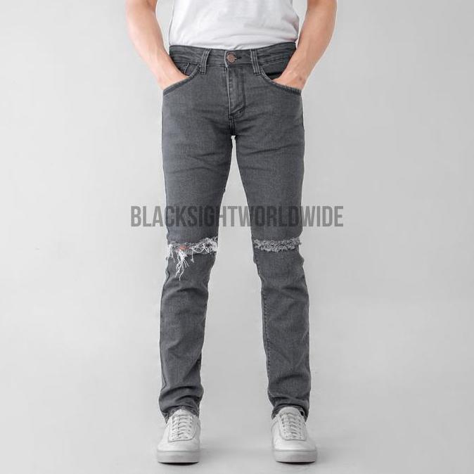 PREMIUM FIFTEEN DENIM - Celana Jeans Sobek Lutut Robek Ripped Abu Destroy Slim Fit Premium PREMIUM