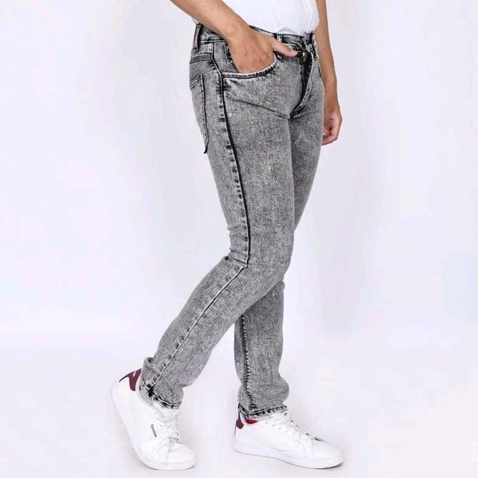 BEST SELLER !! Celana Jeans Pria Sobek Lutut Zigzag Abu Grey Sandwash Bahan Stretch Melar Ripped Jea