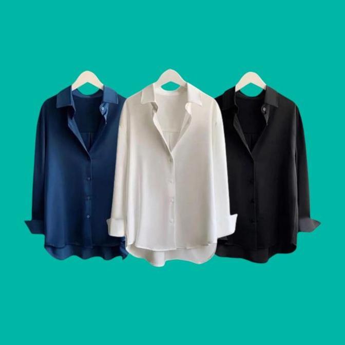 JUAL Paket Isi 3 Pcs Atasan Kemeja Wanita Blus Lengan Panjang Casual Formal Baju Kerja Cewek Katun P