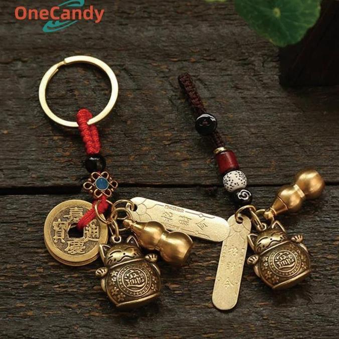 LORASTA Gantungan Kunci Kuningan Kucing Hoki Coin Lucky Cat Gantungan Kunci Cina Gantungan Kunci Mob