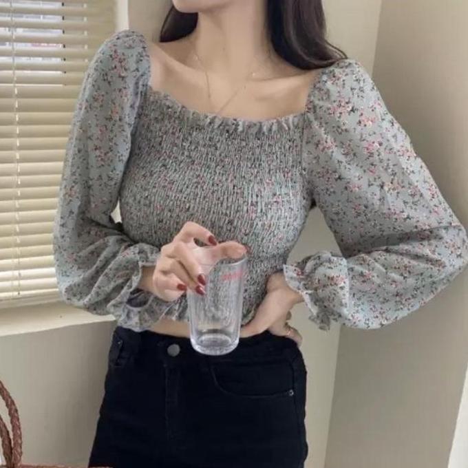 JUAL Blouse Wanita Sifon Atasan Crop Top Floral Bunga Bunga Sabrina Blus Korea Style JUAL