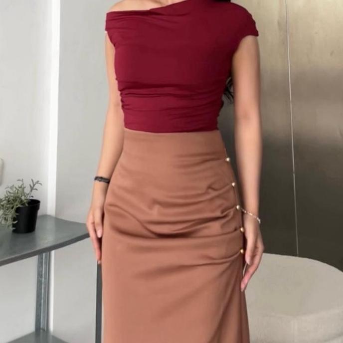 HEMAT LUAR BIASA JILLOW SKIRT-ROK SPAN WANITA-VARIASI KANCING ROSE GOLD-MAXI SKIRT BASIC POLOS ROK P