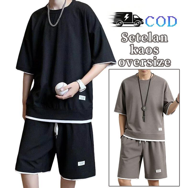 pengiriman cepat celana pendek pria Baju Pantai Pria Satu Set Baju Oversize Pria Waffle Kaos Korea S