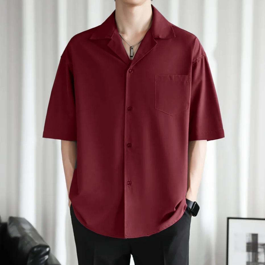 BESTPROMO Kemeja Baju Pantai Pria Korean Style Hawai Polos Hitam Putih Navy Maroon Abu-abu Katun Ray