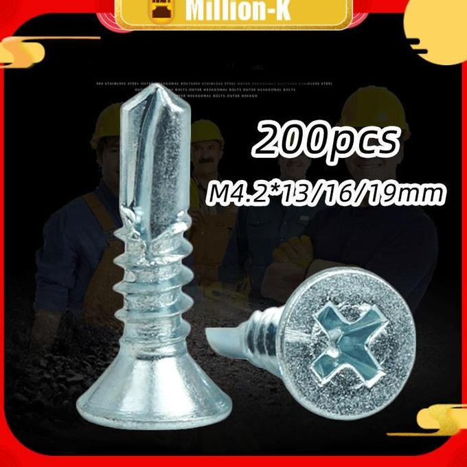 TENNIME 200Pcs M4.2 Sekrup Bor Sendiri Dengan Kawat Ekor Merpati / Sekrup Roofing / Baut Atap PROTOK
