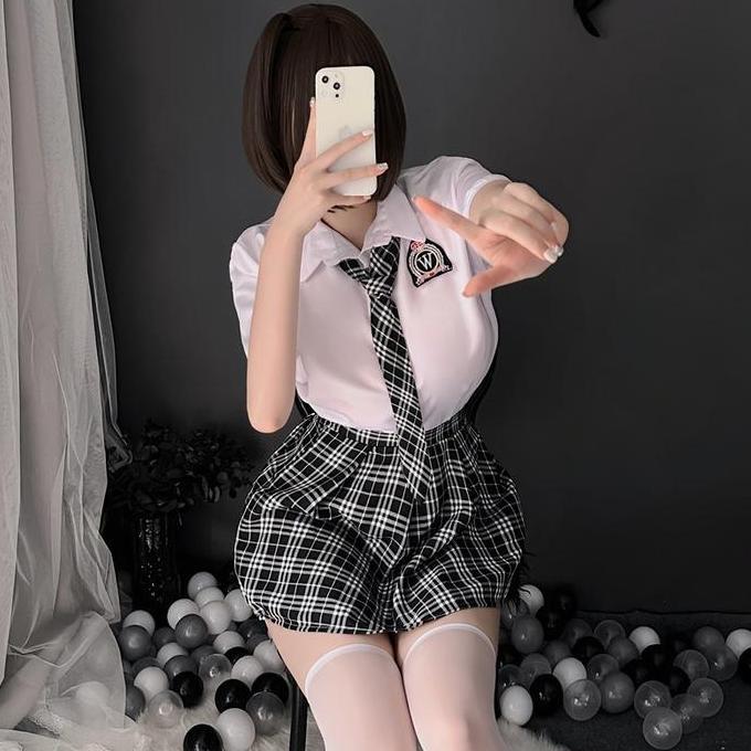 NEW SET LINGERIE WANITA KOSTUM SERAGAM SEKOLAH COSPLAY PARTY KOTAK-KOTAK A232 TIDUR ORI