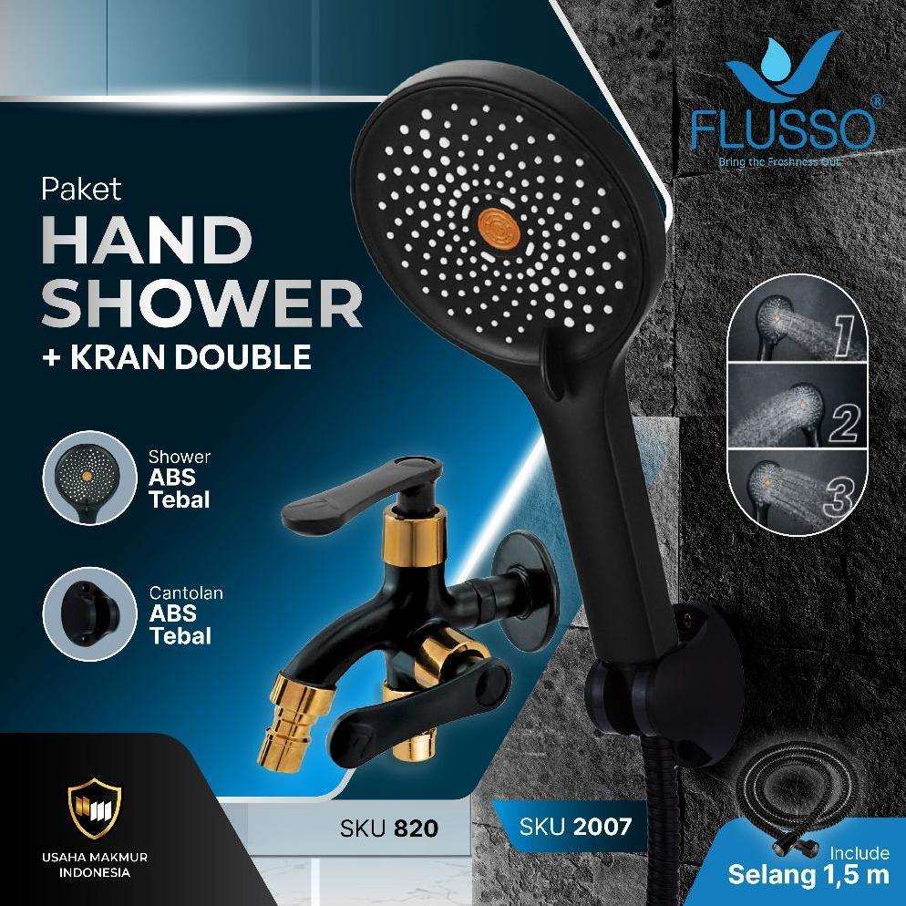 Flusso Paket Hemat Shower Set Komplit + Keran Double Black Gold Kuningan Flusso Garansi 1 Tahun