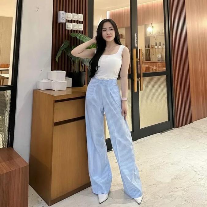 Kulot Wispie Wanita City Pants Higwaish Kulot Garis Garis Wanita City Pants Resleting Depan