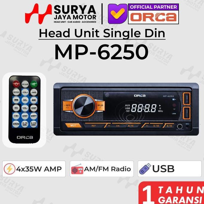 Orca MP-6250 Head Unit Single Din Mobil Bluetooth USB SD Card AUX RCA Out Radio MP3 4x35W Single Din