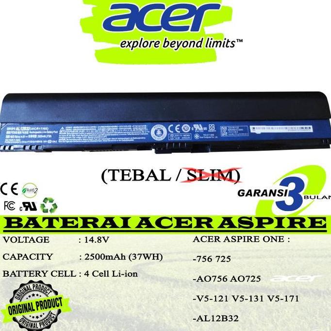 TERBARU - Baterai Original Laptop Acer Aspire One 756 725 AO756 AO725 AL12B32